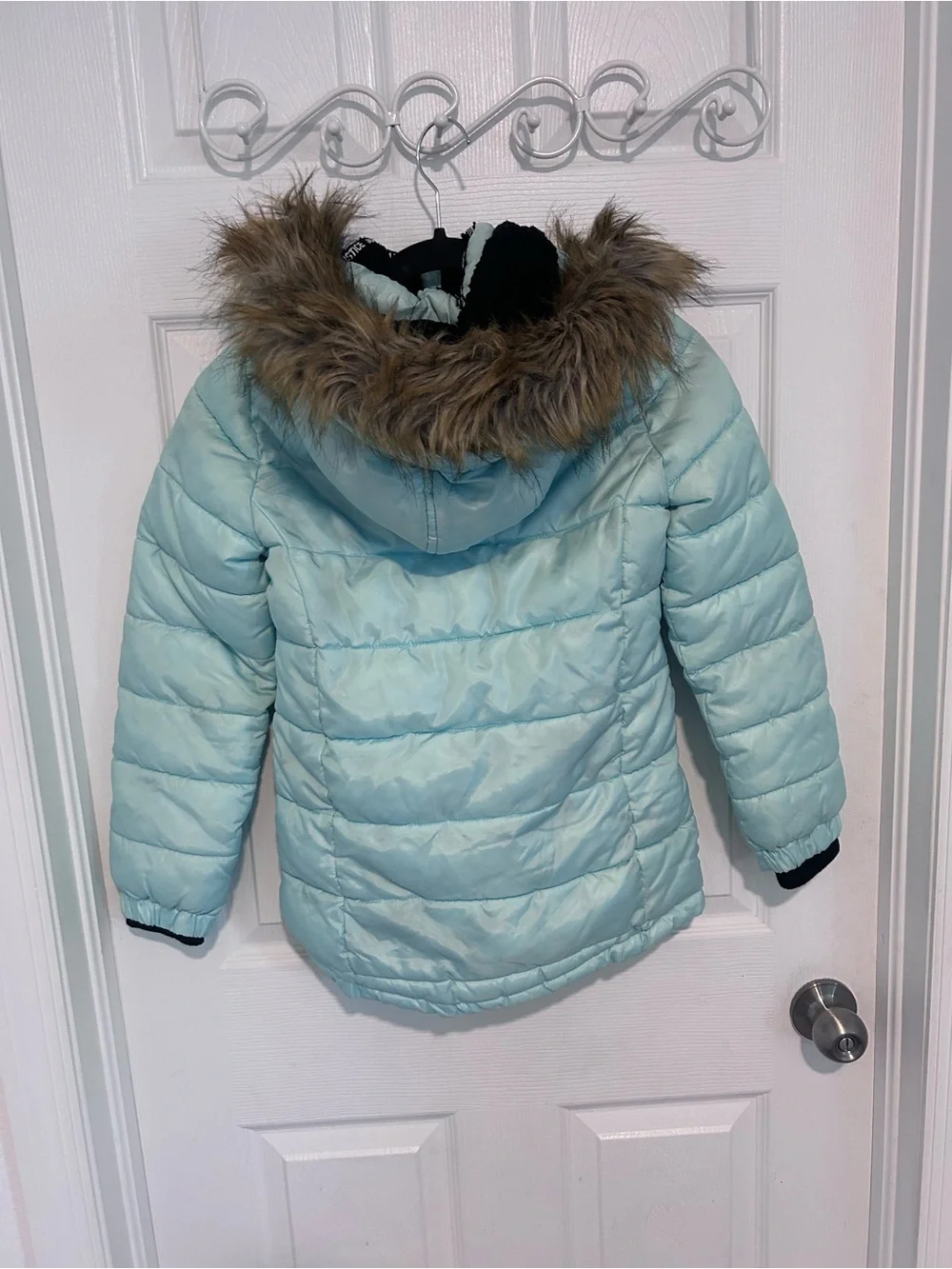 Justice Girls' Light Ice Blue Puffer Coat with Faux Fur Removable Hood Size 8